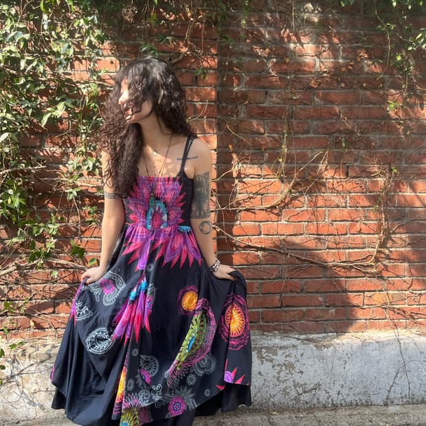 블랙 히피 에스닉 패턴 롱 원피스