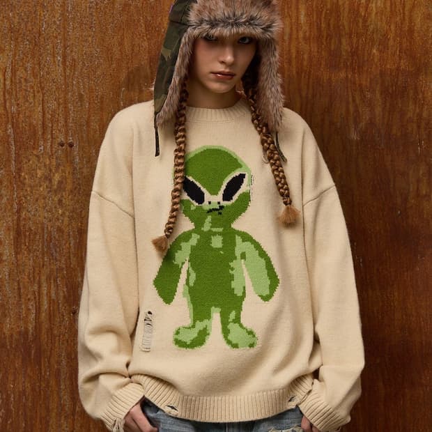 후드후드 에일리언 데미지 니트 아이보리