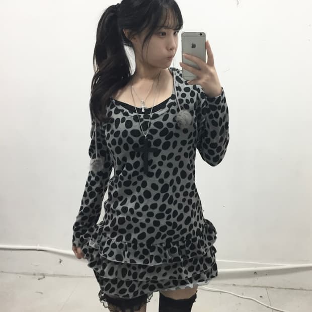 [GRAZIE] 갸루 호피도트 폼폼이 원피스