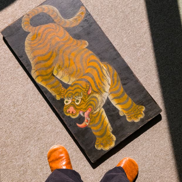 Antique Tibetan Tiger Wood Panel Paintin