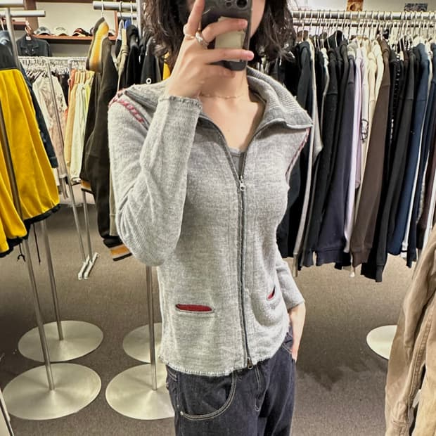 OS)Japanese vintage 여성 배색 디테일 풀집업 니트