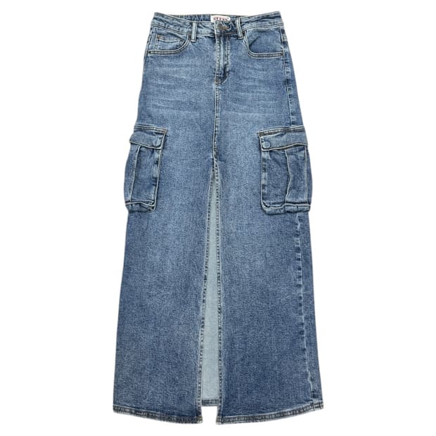 게스 여성 앞트임 데님 카고 롱스커트 치마 24