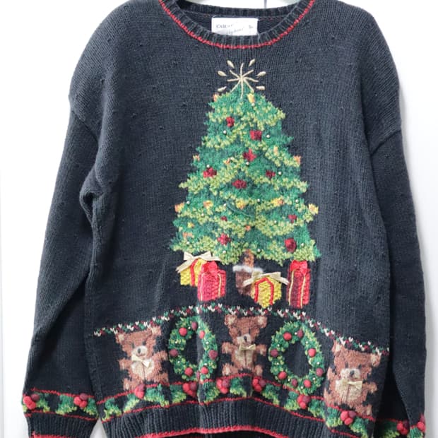 빈티지 핸드메이드 핸드니트 크리스마스 곰돌이 테디베어 니트 스웨터