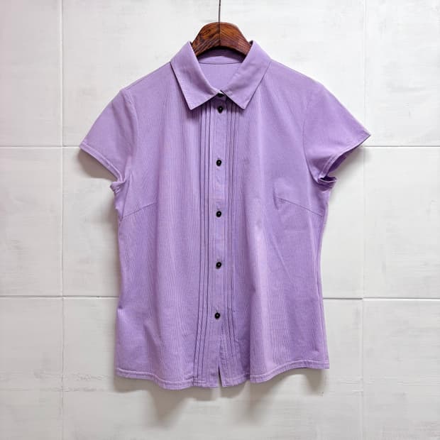 퍼플 핀턱 반팔 Y2K 셔츠 블라우스 긱시크 L JPN