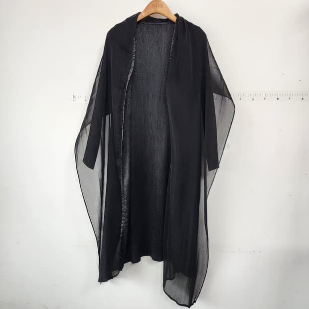 블랙 시스루 플리츠 롱 가디건