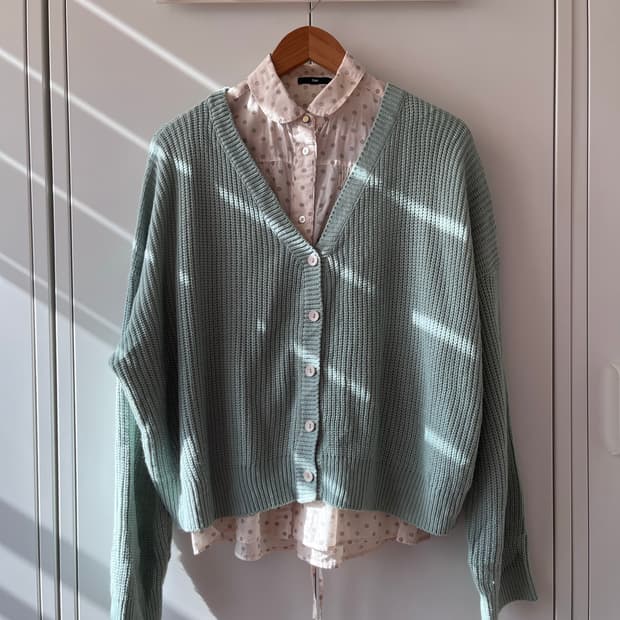 Vintage 민트 브이넥 여리핏 니트 가디건
