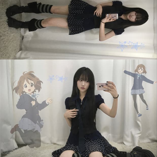 케이온 유이깔 네이비 스트라이프 프릴 프레피 스쿨룩 베스트 코디세트