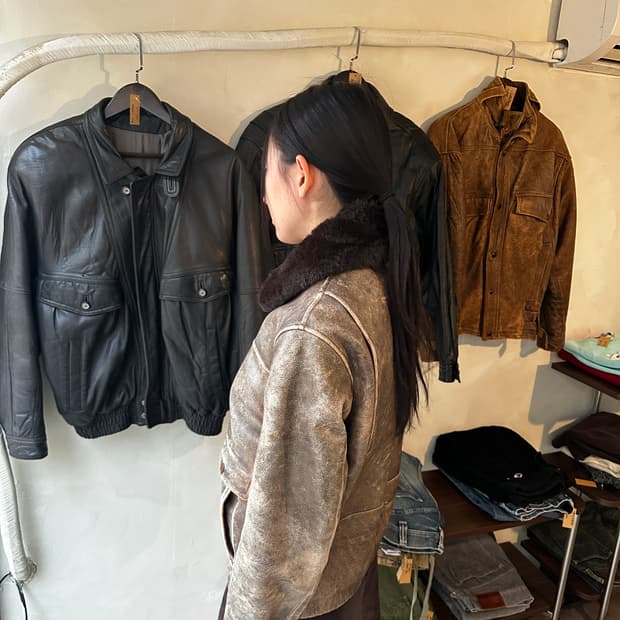 우먼 빈티지 디스트로이드 레더 파일자켓