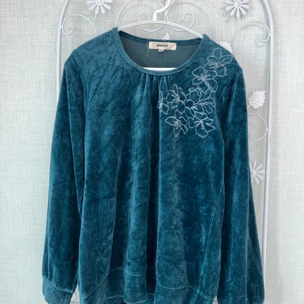 jpn vintage 딥블루 플라워패턴 벨벳 긴팔 티셔츠 y2k 스트릿 