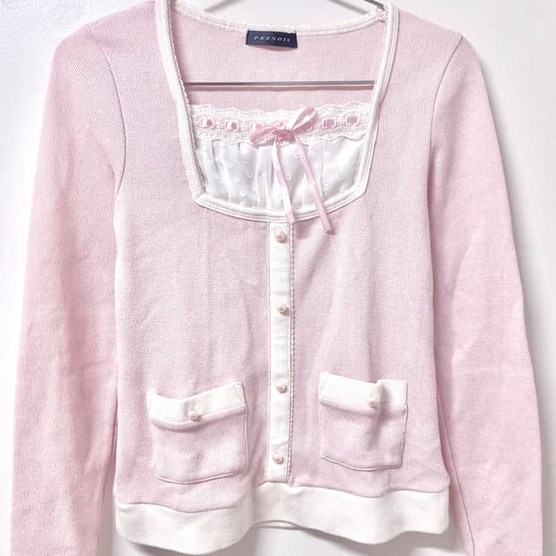 PRENOIS 핑크 리본 레이스 진주 로걀탑