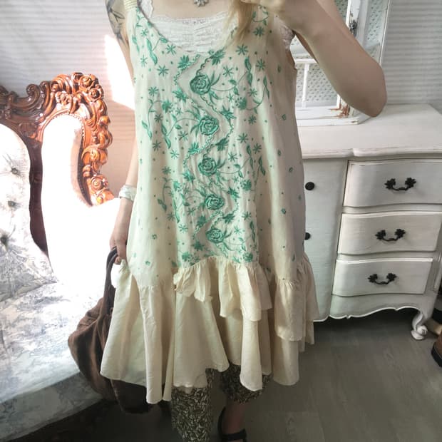 jpn vintage 아카이브 청록 자수 프릴 원피스