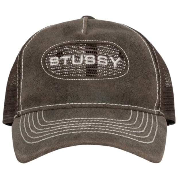 스투시 레더 스냅백 브라운