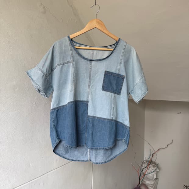 데님 패치워크 크롭 티셔츠