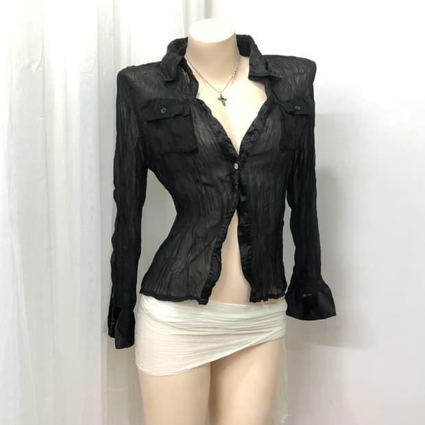 sheer glitter black  one botton blouse