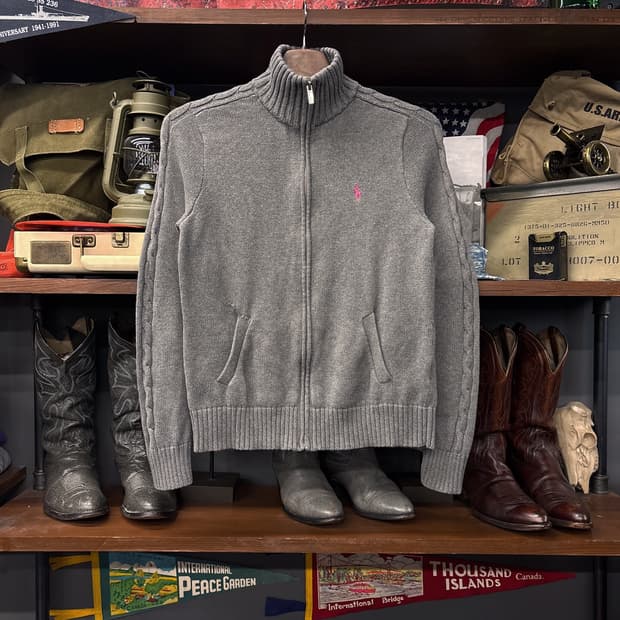 90s 폴로 랄프로렌 핑크포니 케이블 코튼 하이넥 니트집업  N318