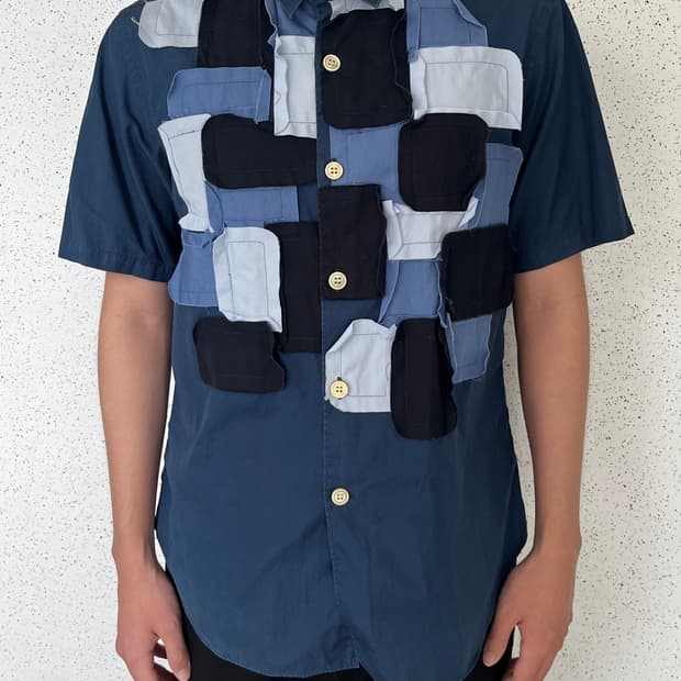 꼼데가르송 다나카 옴므 멀티 블루 패치워크 반팔 셔츠 AD2003