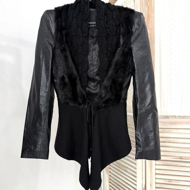 Black Mink Fur–Trimmed Leather Mix Knit 