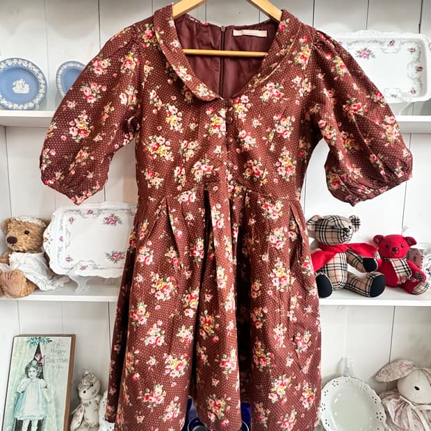 브라운 플라워 도트  원피스