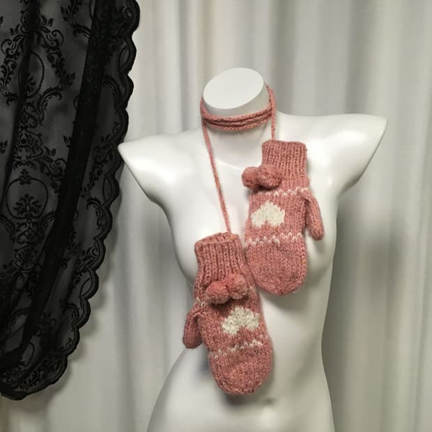 Vintage 하구미 모리걸 하트 뜨개자수 니트 벙어리장갑 뮤트핑크