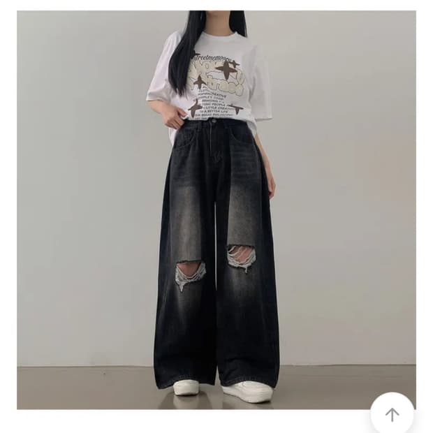 에이블리 흑청 데미지 데님 찢청 바지 와이드 팬츠 워싱 보세 y2k 힙