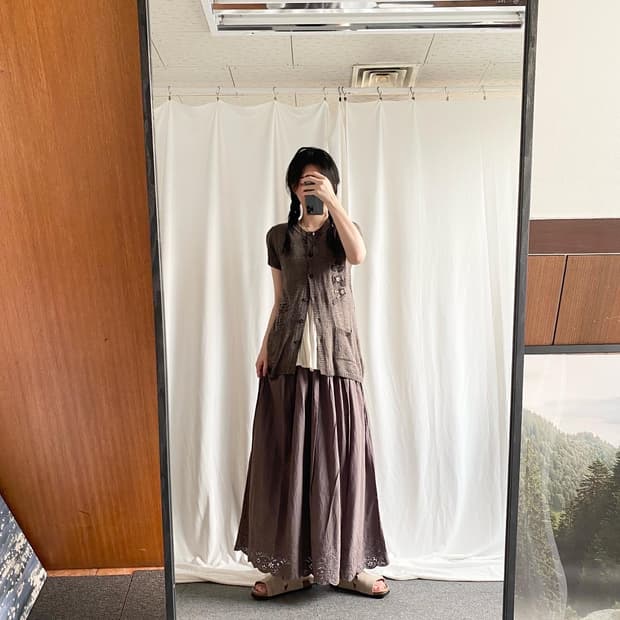 브라운 고양이 가디건 자수 슬리브리스 모리 롱스커트