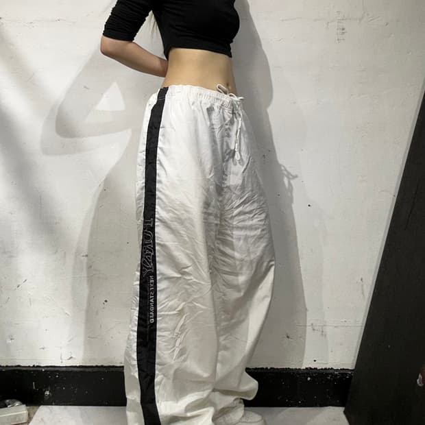 90s 빈티지 purky 와이드 트랙 팬츠 화이트 사이드 라인 팬츠 