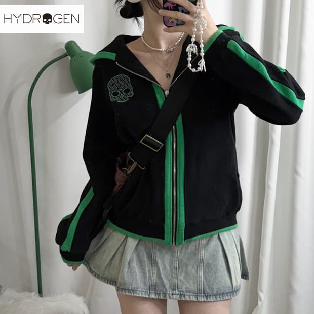 하이드로겐 블랙 & 그린 오버핏 후드 집업
