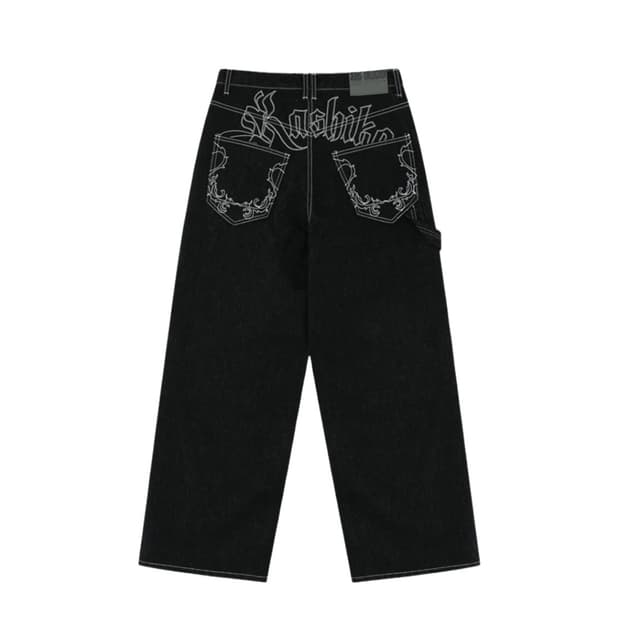 카시코 자수 논페이드 데님팬츠 블랙