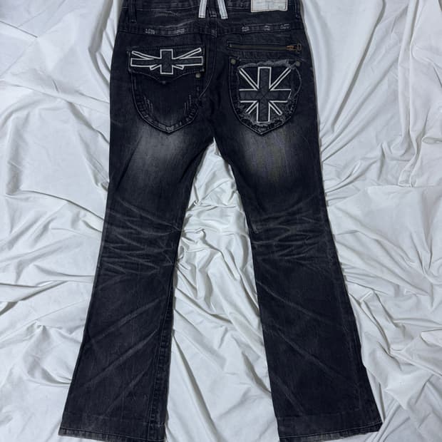Lolita jeans 유니언잭 디스트레드 플레어 진 글램 록 y2k