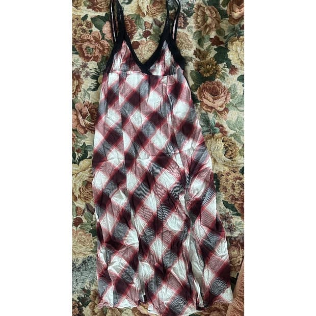 포에버21 체크 트림 롱드레스