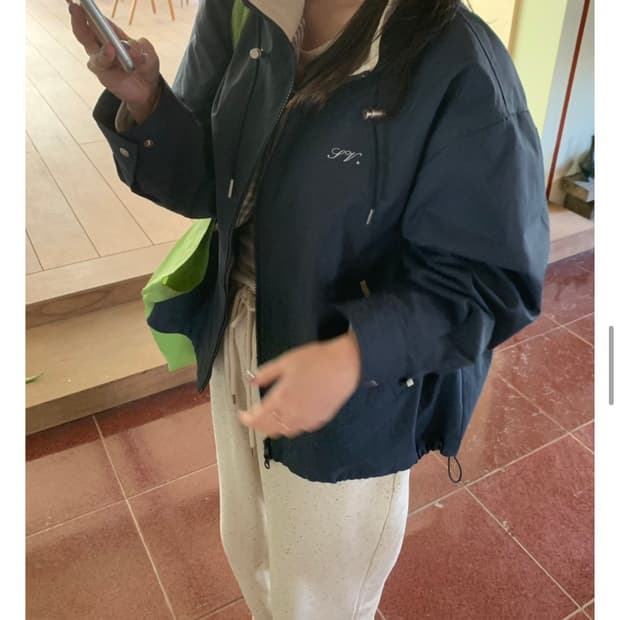 람비 자수 배색 체크 점퍼