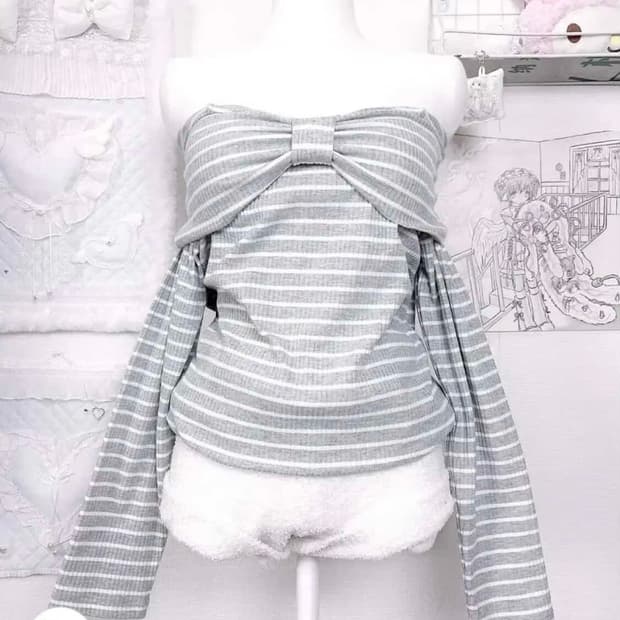 Colza 그레이 스트라이프리본오프숄더탑 히메갸루 리즈리사트랄라라stc