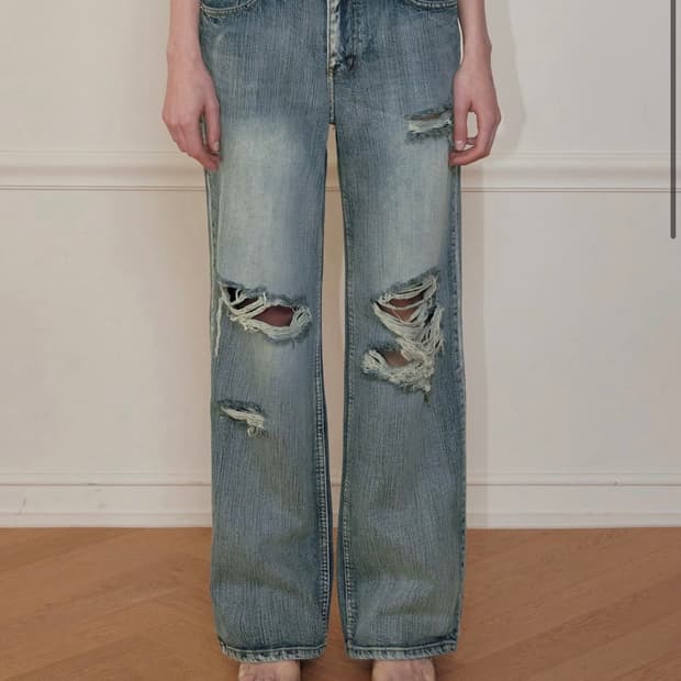 보헤미안서울 하이라이트 데미지 와이드 팬츠 블루 찢청 청바지