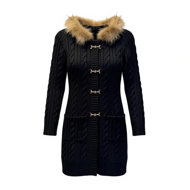 JPN VINTAGE 꽈배기 니트 롱 가디건 벨트 퍼 후드 디테일 블랙