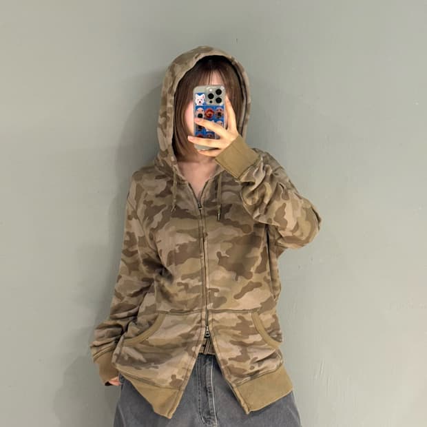 camo pattern 2-way hood zip-up