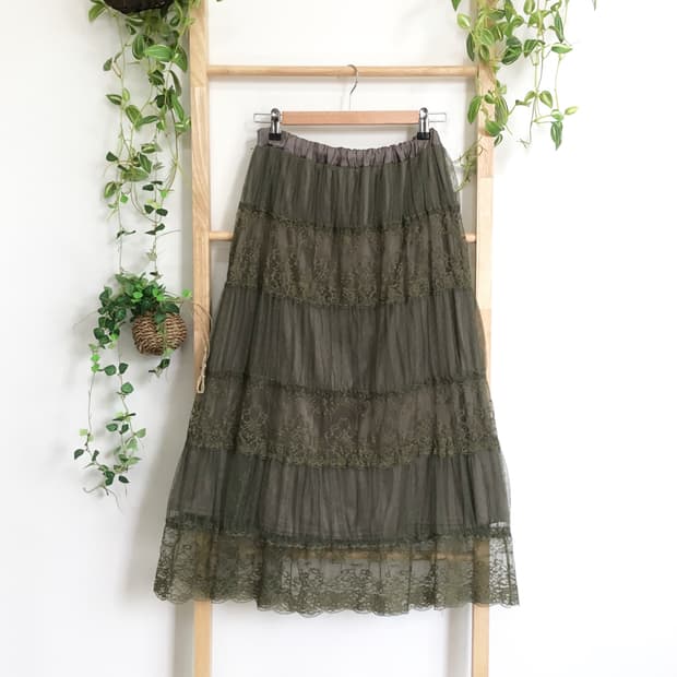 AXES FEMME 엑시즈팜/ 레이스 캉캉 롱 스커트 카키롱스커트