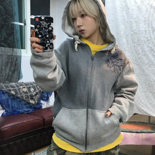 마자플라바 배색 자수 기모 후드집업