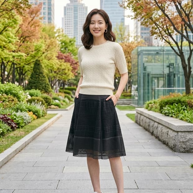 티렌 THYREN 블랙 펀칭 플레어 F/W 미디 스커트 55