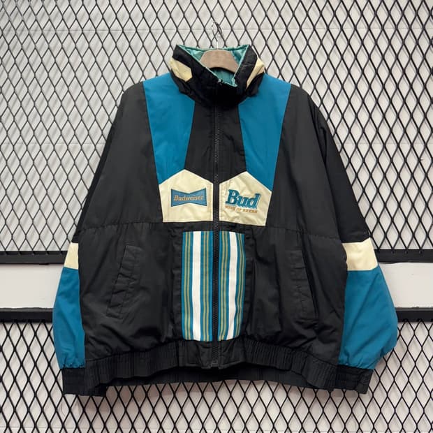 90s 버드와이저 리버시블 패딩 자켓 레터링 로고 디테일 민트 블랙