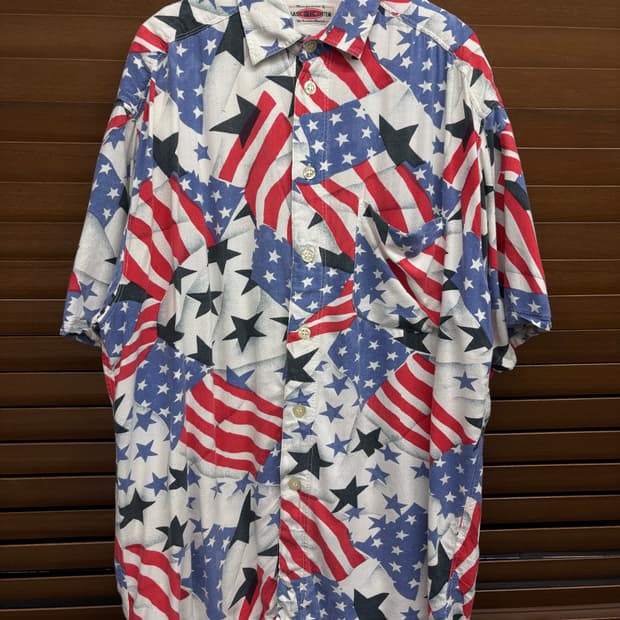 빈티지 USA 아메리카 성조기 하와이안 패턴 셔츠