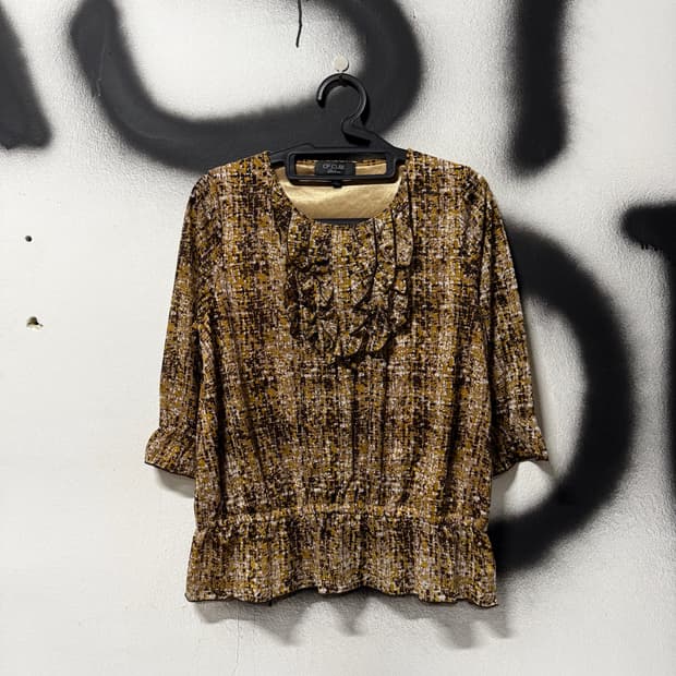 VTG 빈티지 보헤미안 에스닉 프릴 셔링 패턴 7부 소매 블라우스