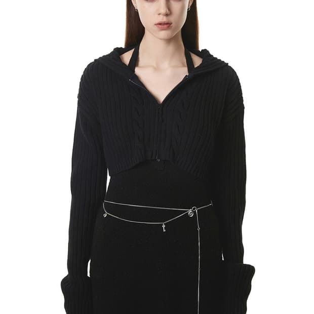 세릭 HOOD CROP KNIT ZIP-UP black