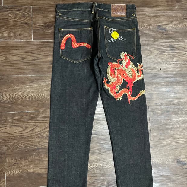 에비수 재팬 용자수 레드 드래곤 자수 데님 팬츠