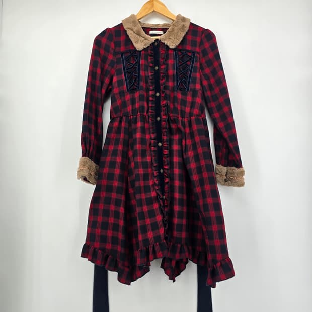 AXESFEMME 체크 원피스 퍼 카라 장식