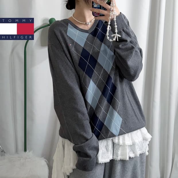 타미힐피거 그레이 & 블루 오버핏 아가일 니트