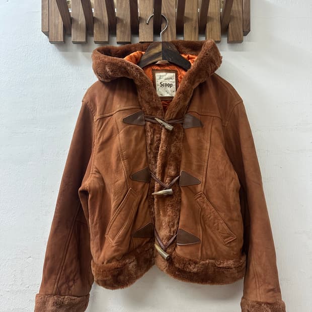 일본빈티지 Scoop 브라운 더플 토글 버튼 후드 무스탕 코트