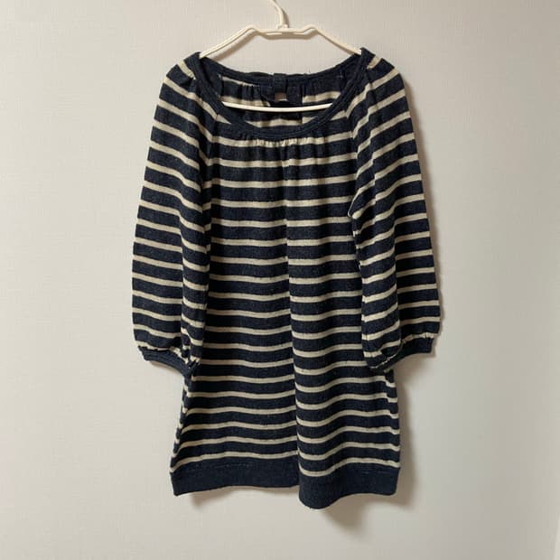 일본 빈티지 모리걸 니트 스트라이프 리본포인트 미니원피스