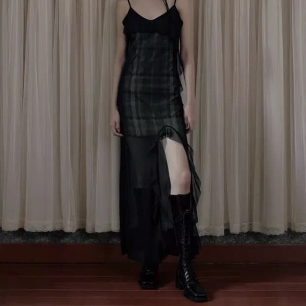 보헤미안서울 시스루 체크 러플 맥시 드레스 원피스