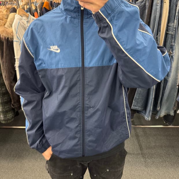 XL)나이키 빈티지 올드스쿨 블루/네이비 배색 바람막이 트랙자켓