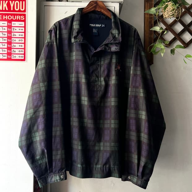 [XL]90's 폴로 랄프로렌 골프 블랙와치 체크 나일론 아노락 웜업